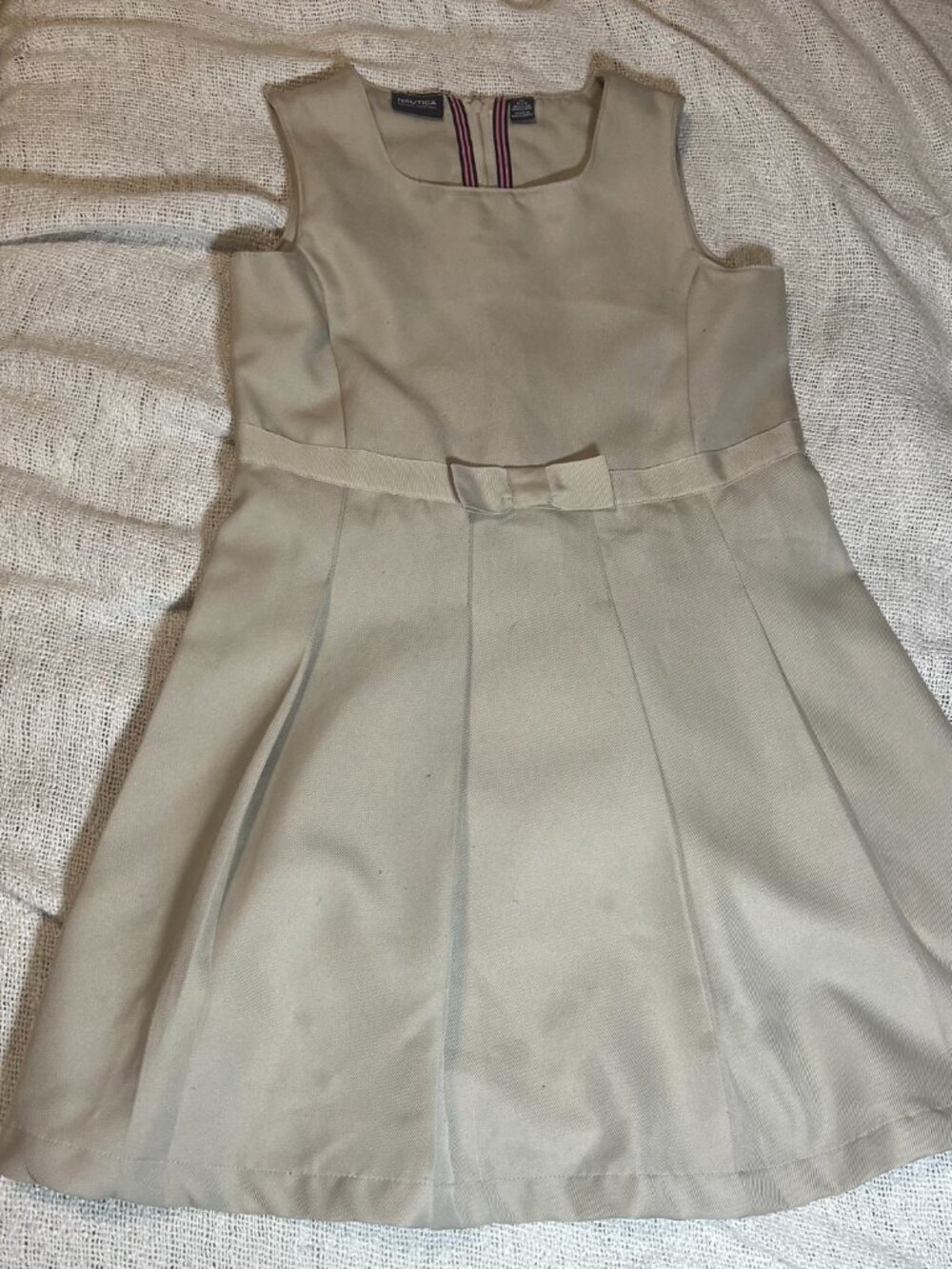 Nautica Girls Khaki School Uniform Jumper Dress Bow Waist Sleeveless Size 8/10 M